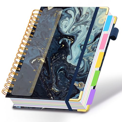 Spiral Journal Notebooks for Work, 300 Pages 5 Subject Notebook College Ruled with Dividers & Tabs, A5 Notebook Journal for Women Students Note-Taking and Organizer (Navy Marble) - color: Navy Marble, size: 6.2''x 8.2''