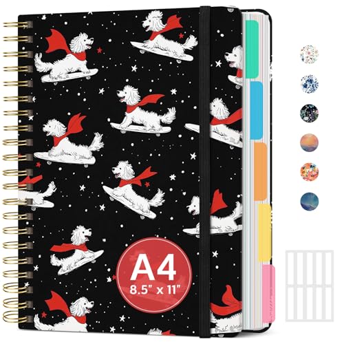 Large Spiral Lined Notebooks for Work with Removable Dividers & Tabs, 8.5"x11" Pretty Hardcover 5 Subject Notebook Journal for Women, College Ruled, for Study & Office, 280 Pages, Skate Pup - color: S - Skate Pup