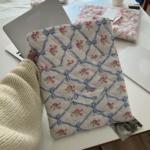 13 Inch Laptop Sleeve, Cute Floral Puffy & Quilted Protective Case, Soft Padded Computer Bag Compatible with Mac-Book Air/Pro - color: Blue-Bow Flower