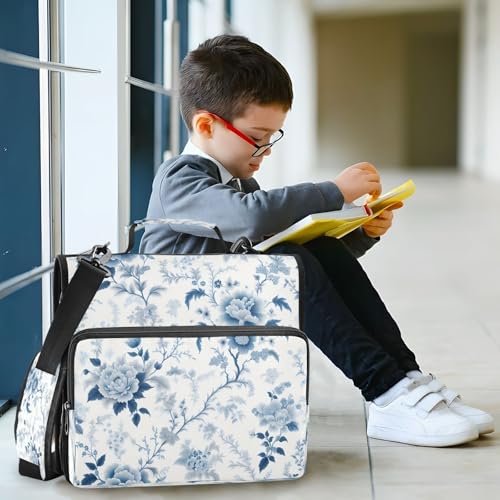 STAYTOP Blue and White Florals Zipper Binder, 3 Ring Binder with Shoulder Strap, 2 Inch 500 Sheets Capacity, Multi-Pocket Organizer with File Folder, School College Office