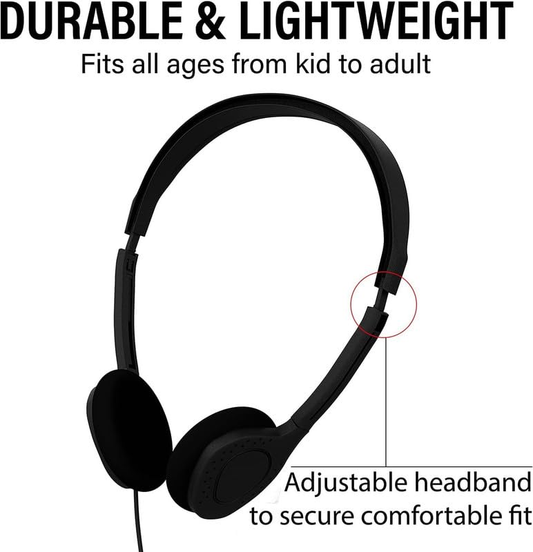 Maeline Bulk Classroom Headphones with Microphone – 30 Pack Black Wired On-Ear Headsets, Adjustable 3.5mm Plug, Individually Wrapped for Schools, Libraries & Labs - color: Black, size: 30 Pack