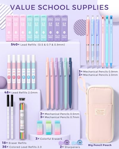 Four Candies 36PCS Mechanical Pencil Set with 624 Lead Refills (Pink) | 0.5mm - 2.0mm Mechanical Pencils, Aesthetic School Supplies for Writing, Drawing, Drafting , Note-Taking & Back to School - color: Pink