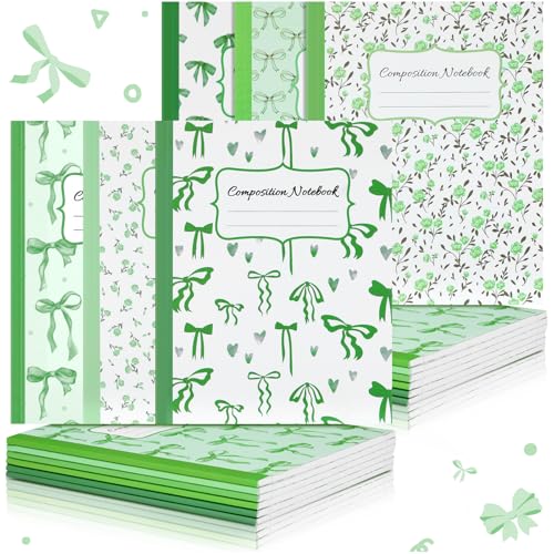 Fullhawl 6 Pack Composition Notebook College Ruled Bulk Green Bow Composition Notebook Preppy Aesthetic for Back to School Supplies 110 Pages 9-3/4 x 7-1/2" Cute Journal for First Day of School Office - color: Green, size: College Ruled