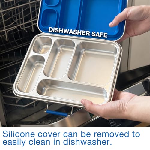 Stainless Steel Bento Box for Adults, 5 Compartment Leak-Resistant Lunch Box, Removable Silicone Seal, Snap Latch Lid, 4 Cup Metal Food Container with Utensil Section, Cerulean Blue