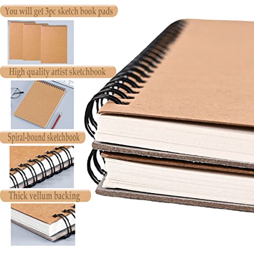 Sketch Book Pad, Drawing Paper 9" x 12" Spiral Bound (98lb/160gsm), 90 Sheets, Pack of 3, Durable Acid Free Sketchbook for Painting (3 Pack- 9"X12") - color: 3 Pack- 9"X12"