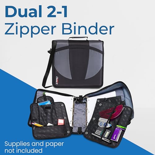 Case-it The Dual 2-in-1 Zipper Binder | Two 1.5-Inch D-Rings, 600 Sheet Capacity, Pencil Pouch & Multiple Pockets | School & Office Organizer with Shoulder Strap | Dual-101 Jet Black | 6 Pack