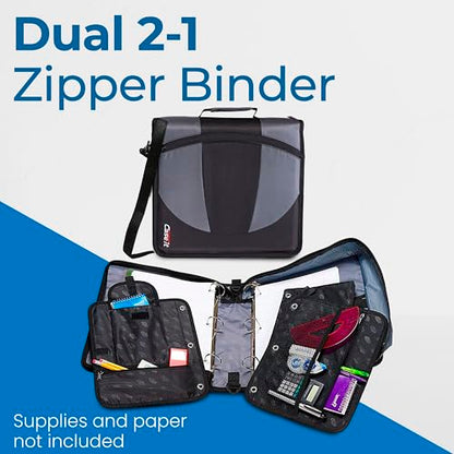 Case-it The Dual 2-in-1 Zipper Binder | Two 1.5-Inch D-Rings, 600 Sheet Capacity, Pencil Pouch & Multiple Pockets | School & Office Organizer with Shoulder Strap | Dual-101 Jet Black | 6 Pack