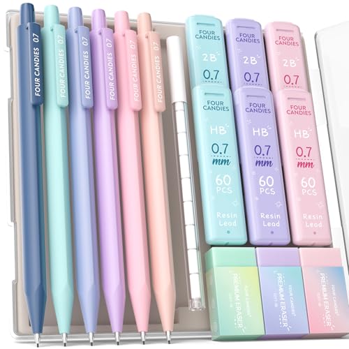 Four Candies Cute Mechanical Pencil Set, 0.7mm Medium Point, 6-Count Pack | 360 HB/2B Leads, 3 Erasers, 9 Eraser Refills, Storage Case, Triangular Grip, for Everyday Homework & Journal - style: 6PCS 0.7 mm
