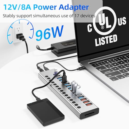 VANGREE Powered USB Hub 10Gbps, 17 Ports USB 3.2 Hub, 96W Power Adapter | 10 USB-A 3.2, 3 QC 24W Fast Charging, 2 USB-C 3.2, SD/TF, 12V/8A Power Adapter for Laptop, PC, Computer, HDD, Flash Drive - color: Silver