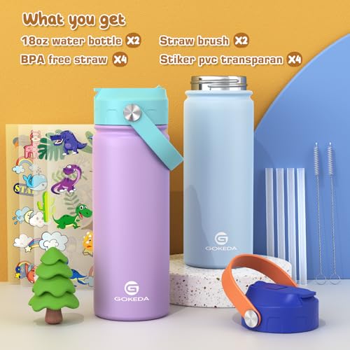 GoKEDA 18oz Kids Water Bottle, 2 Pack Stainless Steel Straw Cup | DIY Stickers, BPA-Free, 316 Stainless Steel, Keeps Cold 24h, Leak-proof, Dust-Proof Lid, Sturdy, School, Gifts - color: Light Blue+Purple