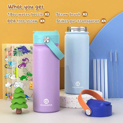 GoKEDA 18oz Kids Water Bottle, 2 Pack Stainless Steel Straw Cup | DIY Stickers, BPA-Free, 316 Stainless Steel, Keeps Cold 24h, Leak-proof, Dust-Proof Lid, Sturdy, School, Gifts - color: Light Blue+Purple
