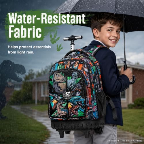 CCJPX 3PCS Rolling Backpack for Boys, 21 Inch Water Resistant Dinosaur Backpacks with Roller Wheels, Wheeled Bookbag for Teens Elementary School Travel-Brown - color: Rolling Dinosaur Black