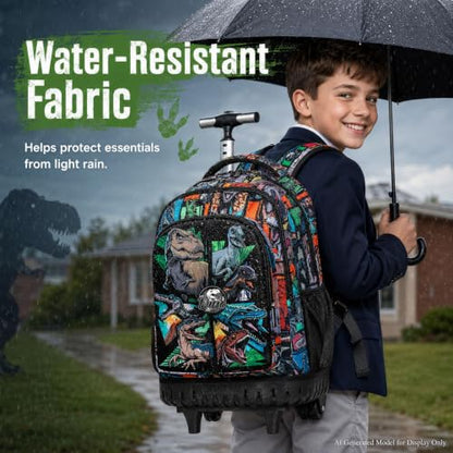 CCJPX 3PCS Rolling Backpack for Boys, 21 Inch Water Resistant Dinosaur Backpacks with Roller Wheels, Wheeled Bookbag for Teens Elementary School Travel-Brown - color: Rolling Dinosaur Black