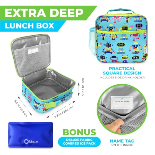 kinsho Bento Lunch Box and Insulated Bag, Water Bottle & Ice Pack Set for Kids Toddlers, 4 Portion Sections, Removable Tray, Pre - School Kid Toddler Daycare, Snack Container, Robot - color: Robot Set