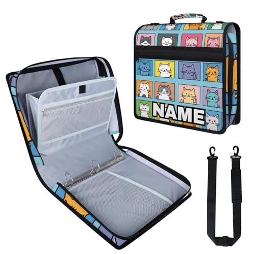 Custom Zipper Binder Kawaii Cat Kitty 3 Ring Binder 1.5 Inch Expanding Pockets File Folder Large Capacity Document Organizer Bag with Handle and Strap - color: Multi 6