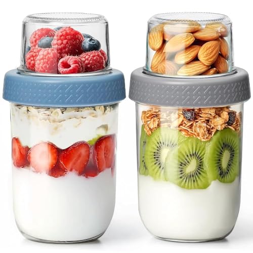 16+4 oz Glass Parfait Cups with Lids 2 Pack Overnight Oats Container | Dry Wet Separation, Jar for Overnight Oats,Chia Pudding,Snacks,Nuts, Fruit,Granola Toppings,Meal Prep - color: Mixed color 3