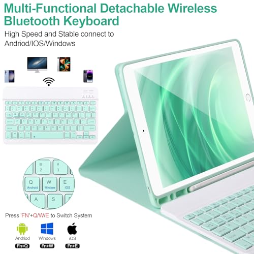 Keyboard Case for iPad 9/8/7th Gen 10.2’’,Case with Keyboard ipad 10.2‘’,Keyboard for iPad 9th Gen,Detachable Bluetooth Keyboard for iPad 10.2 ,iPad keyboard Case 9th Gen with Pencil Holder (Green) - color: Green