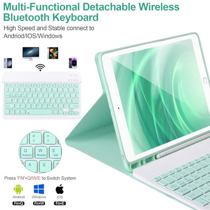 Keyboard Case for iPad 9/8/7th Gen 10.2’’,Case with Keyboard ipad 10.2‘’,Keyboard for iPad 9th Gen,Detachable Bluetooth Keyboard for iPad 10.2 ,iPad keyboard Case 9th Gen with Pencil Holder (Green) - color: Green