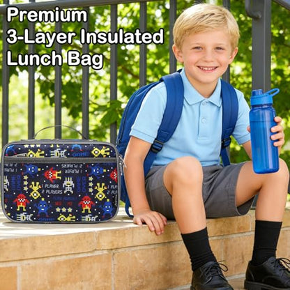FlowFly Kids Lunch box Insulated Soft Bag Mini Cooler Back to School Thermal Meal Tote Kit for Girls, Boys, Robot - color: Robot