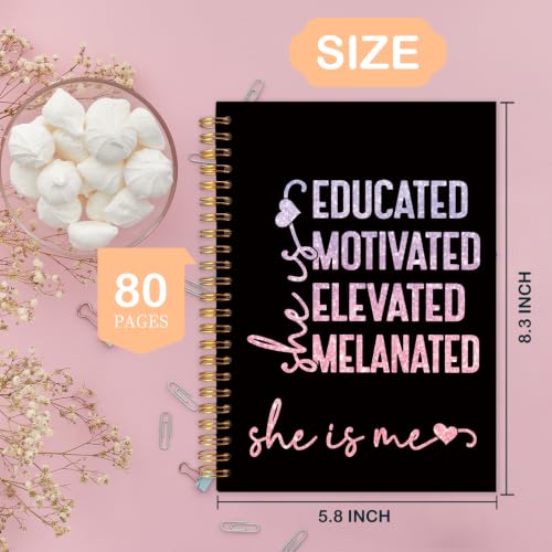 Black Girl Magic Gifts Spiral Notebook for Women 5.5x8.3 Inch | African American Gifts for Black Women,Educated Motivated Elevated Melanated Motivational Black Glitter Notebook Journal - color: Black glitter white
