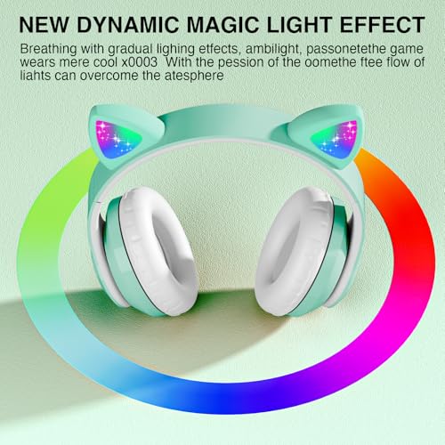 Cat Ear Bluetooth Kids Headphones, LED Lights, Foldable, Green | Wireless Bluetooth 5.0, foldable design, built-in mic & TF card slot, adjustable comfort, ideal for kids' learning & play. - color: Green