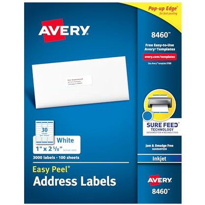 Avery® Easy Peel® Printable Address Labels, Sure Feed® Technology, 1" x 2-5/8" Customizable Stickers, White, 3,000 Blank Mailing Labels, Great for Mailing, Shipping, and More (8460) - size: 1" x 2 5/8", style: 3,000 labels