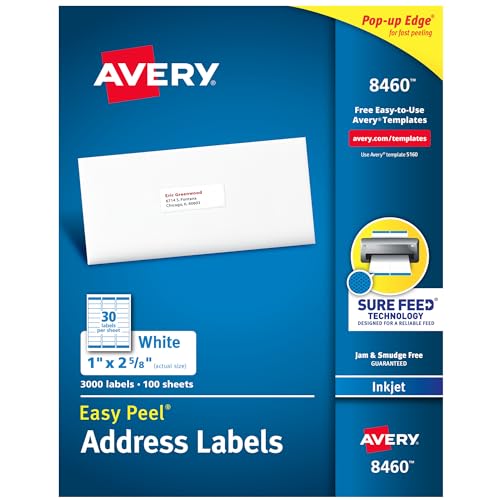 Avery® Easy Peel® Printable Address Labels, Sure Feed® Technology, 1" x 2-5/8" Customizable Stickers, White, 3,000 Blank Mailing Labels, Great for Mailing, Shipping, and More (8460) - size: 1" x 2 5/8", style: 3,000 labels