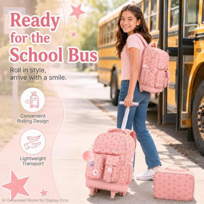 CCJPX Rolling Backpack for Girls, 3Pcs Roller Wheeled School Bookbag, Star Wheels Backpacks with Lunch Box for Kids (Pink) - color: Star Pink