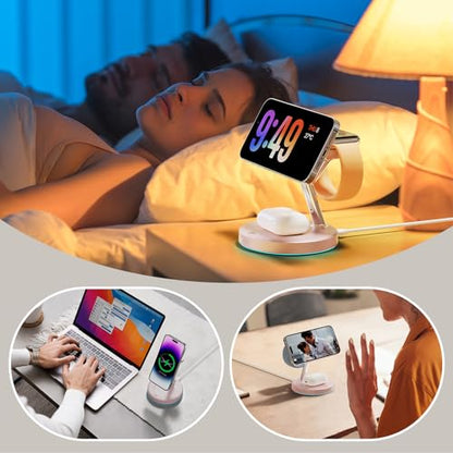 【Adjustable Blue Ambient Light】 Wireless Charger 3 in 1 for iPhone, Magnetic Charging Station for Apple Family,15W Fast MagSafe Charger Stand,for iPhone17-12-iWatch AirPods Series - color: Pink