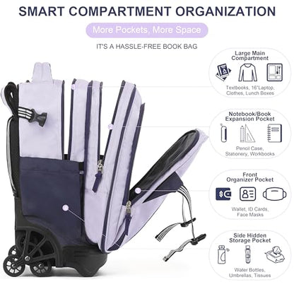 NEW TILAMI 18 Inch Expandable Rolling Backpack with 6-Wheel Stair Climbing, Waterproof Wheeled School Bag with 15.6" Laptop Sleeve for Boys Girls, Carry-on Luggage 98cm Dual-Height Handle - Purple - color: Purple