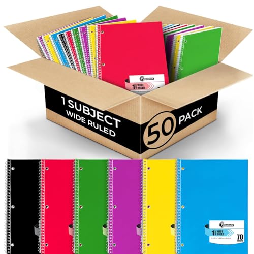 Rosmonde 50 Pack 1 Subject Spiral Notebook Wide Ruled Bulk, 140 Pages (70 Sheets), Thick No-Bleed Paper, 8 x 10-1/2", 3 Hole Punched, Wide Ruled Notebook 1 Subject, Bulk Subject Notebook for School - size: 50 Bulk Value Pack, style: 1 Subject - Soft Cover