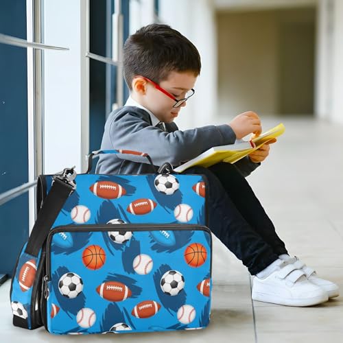 Zipper Binder Bag 3 Ring File Folder Portfolio Organizer Zippered Binder Bags with Strap Fits Laptop Women Men - color: 29-sports Balls Blue