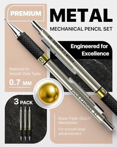 Metal Mechanical Pencil Set, 0.7mm Medium Point, 3-Pack with Storage Case | 360 Leads, 3 Erasers+9 Refills, Non-Slip Grips, For School Writing, Sketching, Art Drawing & Professional Drafting - size: 3 Count (Pack of 1)