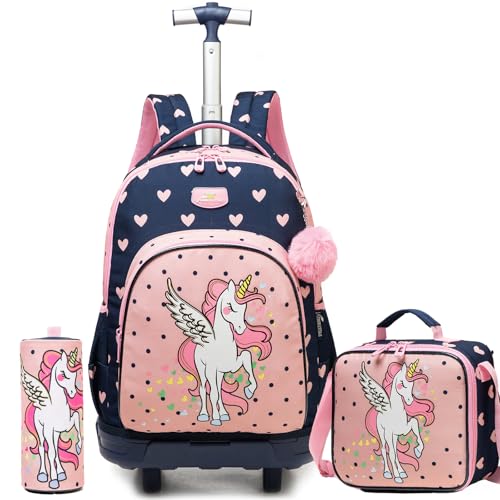 Rolling Backpack for Girls Unicorn Backpack with Wheels for Kids Backpacks for Daycare with Lunch Box Pencil Case - color: Black Pink Unicorn