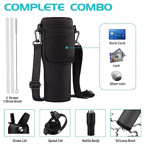 32oz Stainless Steel Water Bottle, Cold-48H & Hot-24H, Water Flask Thermal with Straw & Spout Lids, Pouch, Vacuum Insulated Bottle for Gift Black - color: Black, size: 32 Ounces