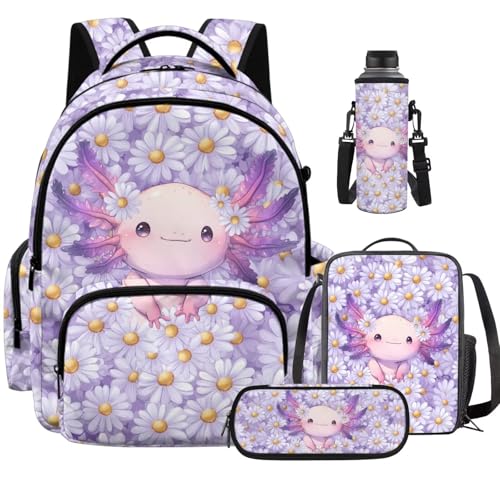 Daisy Axolotl Backpack for Boys Girls with Lunch Box Kids Bookbags for Boys Ages 5-10 Backpack with Lunch Bag 4Pcs Set Pencil Case Water Bottle Pouch Elementary 17 inch School Accessories - color: Daisy Axolotl