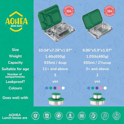 AOHEA Stainless Steel Bento Box Kids, Kids Metal Bento Lunch Box BPA Free Lunch Box Containers 304 Stainless Steel Bento Box for School and Office(Green) - color: Green-05