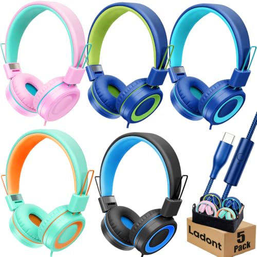 5 Pack Kids USB C Wired Headphones Bulk for Classroom School | Type C Wired headset with mic. Steel Adjustable headband,Tangle-Free Cord Earphones for Tablet, iPad, Chromebook