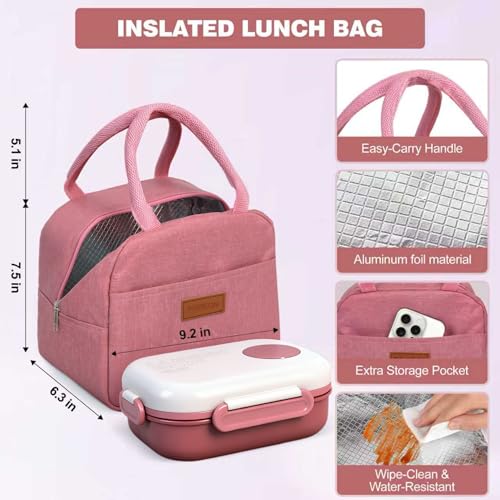 Lunch Box for Women, Kids & Men, Leak-Proof 3-Compartment Bento | Insulated bag, utensils & sauce container included; BPA-free; Microwave & dishwasher safe; Ideal for school, work & travel. - color: Red