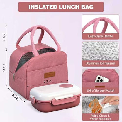 Lunch Box for Women, Kids & Men, Leak-Proof 3-Compartment Bento | Insulated bag, utensils & sauce container included; BPA-free; Microwave & dishwasher safe; Ideal for school, work & travel. - color: Red