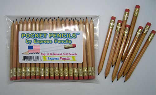 Express Pencils Natural Golf Pencils with Eraser - Half, Pew, Short, Mini, Small, Non Toxic - Hexagon, Sharpened, #2 Pencil, Color - Natural, Pkg of 36 Pocket Pencils