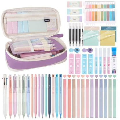58 PCS Aesthetic School Supplies with Cute Pencil Case,12 Pastel Highlighters, 5 Gel Pens Black Ink，9 Mechanical Pencils for，Student Stationary，CollegeEssentials Gifts (Purple) - color: Purple