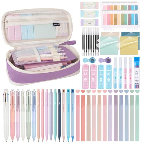 58 PCS Aesthetic School Supplies with Cute Pencil Case,12 Pastel Highlighters, 5 Gel Pens Black Ink，9 Mechanical Pencils for，Student Stationary，CollegeEssentials Gifts (Purple) - color: Purple