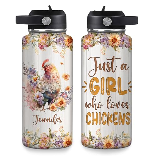 Hyturtle Personalized Chicken Water Bottle - Chicken Print Insulated Stainless Steel Bottle with Leak-Proof Lid 18oz 32oz - Gift for Chicken Lovers Women, Girls - Birthday & Christmas Gift - color: Chicken