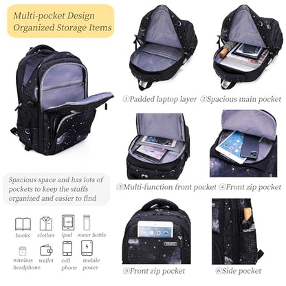 Boys Rolling Backpacks Kids' Luggage Wheeled Bags Kids Trolley School Bags Fashion Space Starry Sky Printed Durable Bookbag - color: Blue-space, style: 2 Wheels+backpack