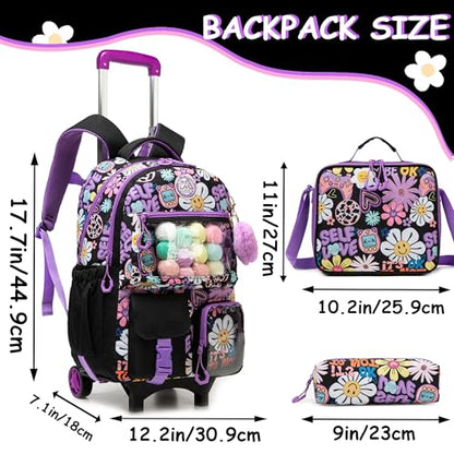 Cute Rolling Backpacks with Wheels for Girls Aesthetic Rolling Backpack for Elementary with Lunch Box School Trolley Backpack for Girls School Supplies - color: Black Flower