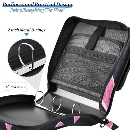 3 Ring Zipper Binder with Shoulder Strap Pink Bow Tie Black 2 Inch Zippered Binder Bag 500 Sheet Capacity Multi Pockets for School Supplies - color: Multi22