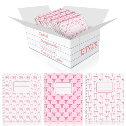 Jetec 12 Pack Pink Bow Composition Notebooks Preppy Cute Coquette Spiral Notebook 9-3/4 x 7-1/2 Inch College Ruled Hard Cover Journal Back to School Teacher Gifts Preppy School Supplies, 100 Pages - color: Pink