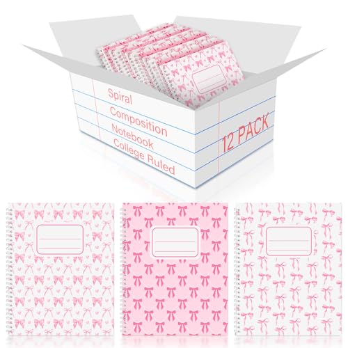 Jetec 12 Pack Pink Bow Composition Notebooks Preppy Cute Coquette Spiral Notebook 9-3/4 x 7-1/2 Inch College Ruled Hard Cover Journal Back to School Teacher Gifts Preppy School Supplies, 100 Pages - color: Pink