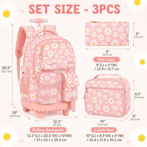 WZLVO 3PCS Rolling Backpack for Girls, Water Resistance Roller Bookbag, Women Aesthetic Wheeled School Bag Set with Lunch Bag & Pencil Bag for Teens & Kids - Pink Chrysanthemum - color: 3pcs Girls Rolling Backpack - Pink Chrysanthemum